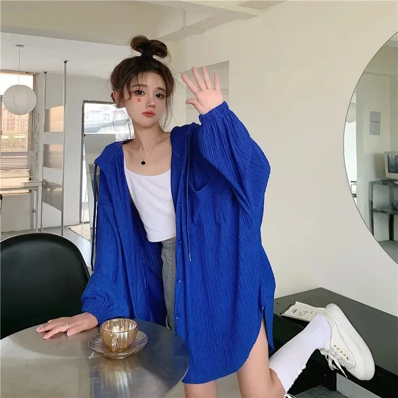 Jacket Women Korean Version of The Ice Silk Sunscreen Female Long-sleeved Summer Thin New Loose Thin Fashion Hooded Shirt Coat