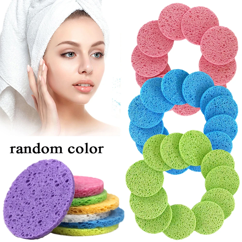 10pcs Compressed Sponge Face Clean Puff Random Color Natural Wood Pulp Sponge Skin Care Tool Makeup Remove Pad Exfoliating