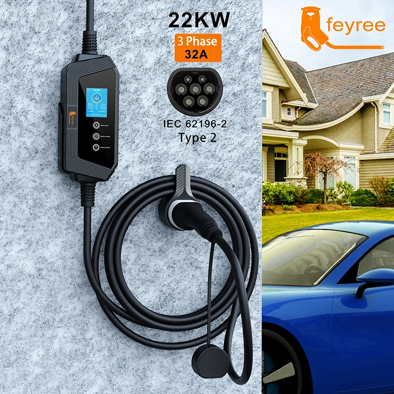 Feyree เครื่องชาร์จ EV แบบพกพา Type2 32A 22KW 3เฟสสายชาร์จ EVSE 5ม. พร้อมช่องเสียบ IEC62196-2สำหรับรถยนต์ไฟฟ้า