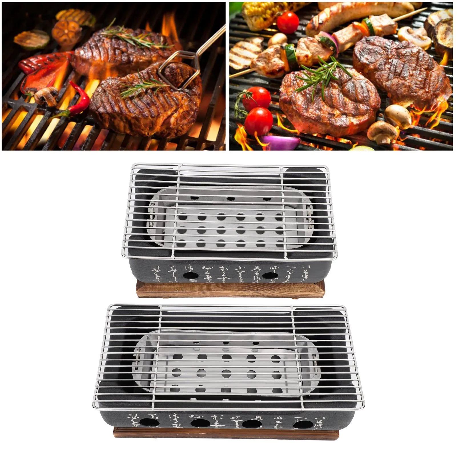 

Japanese BBQ Grill Quick Heating Aluminium Alloy Rectangle Calligraphy Wire Grill Base for Outdoor Cooking