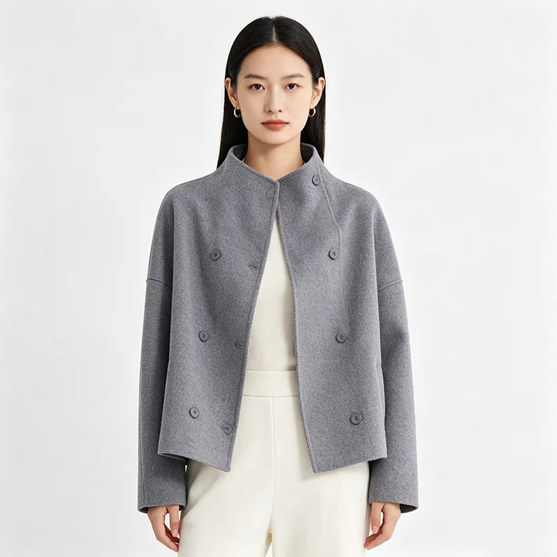 FANAN Women Stand Collar Wool Coat Double Breasted Batwing Long Sleeve Loose Short Woolen Jacket Side Pocket Casual Blazer