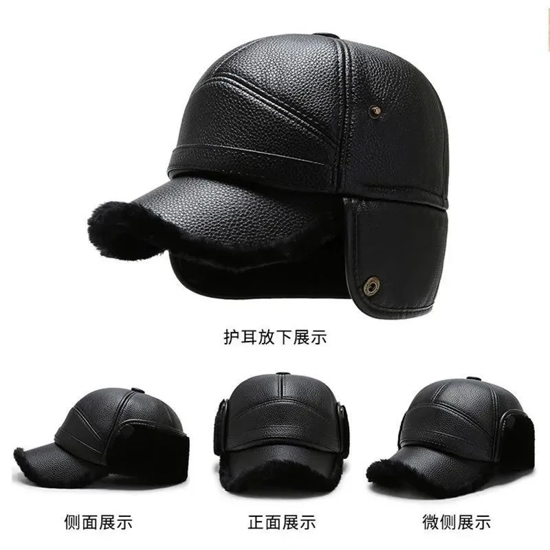 Pu Leather Baseball Cap Men Winter Warm Hat Dad Grandpa Thermal Hat Thick Warm Leather Hat Old Man Ear Protection Cap