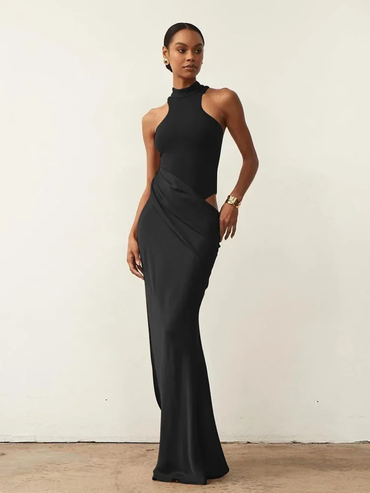 

Sexy Hollow Out Women Maxi Dress Black Sleeveless High Waist Dress Female Autumn Skinny Elegant Party Clubwear