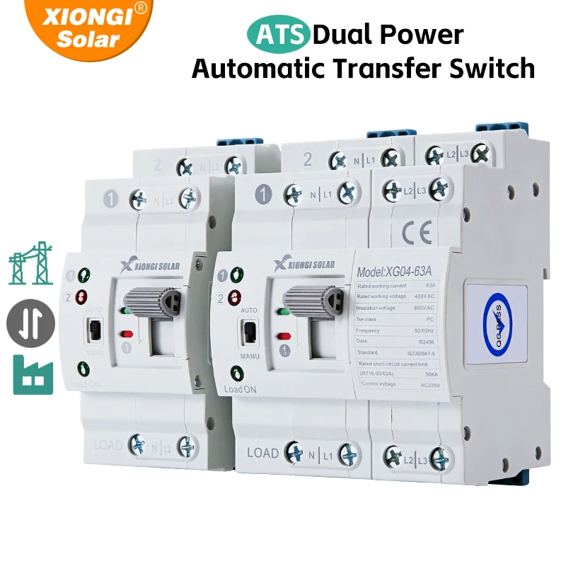 

XIONGISOLAR DIN Rail Mini ATS Automatic Transfer Switch 6A~63A 2P 4P 220V Dual Power Selector Switches for Generator