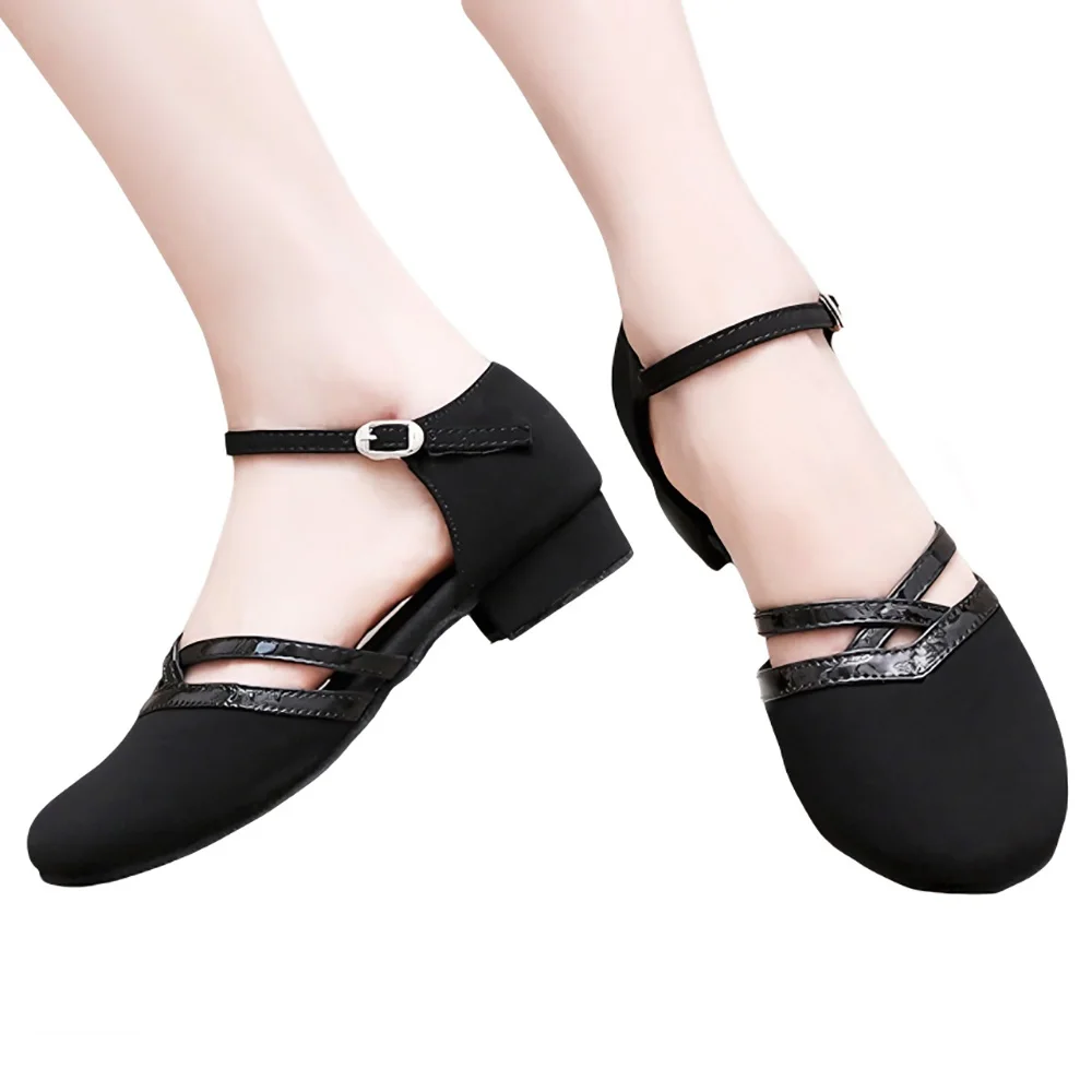Black Closed Toe Latin Dance Shoes Ladies Low Heel Soft Sole Ankle Strap Ballroom Salsa Practice Dance Shoes