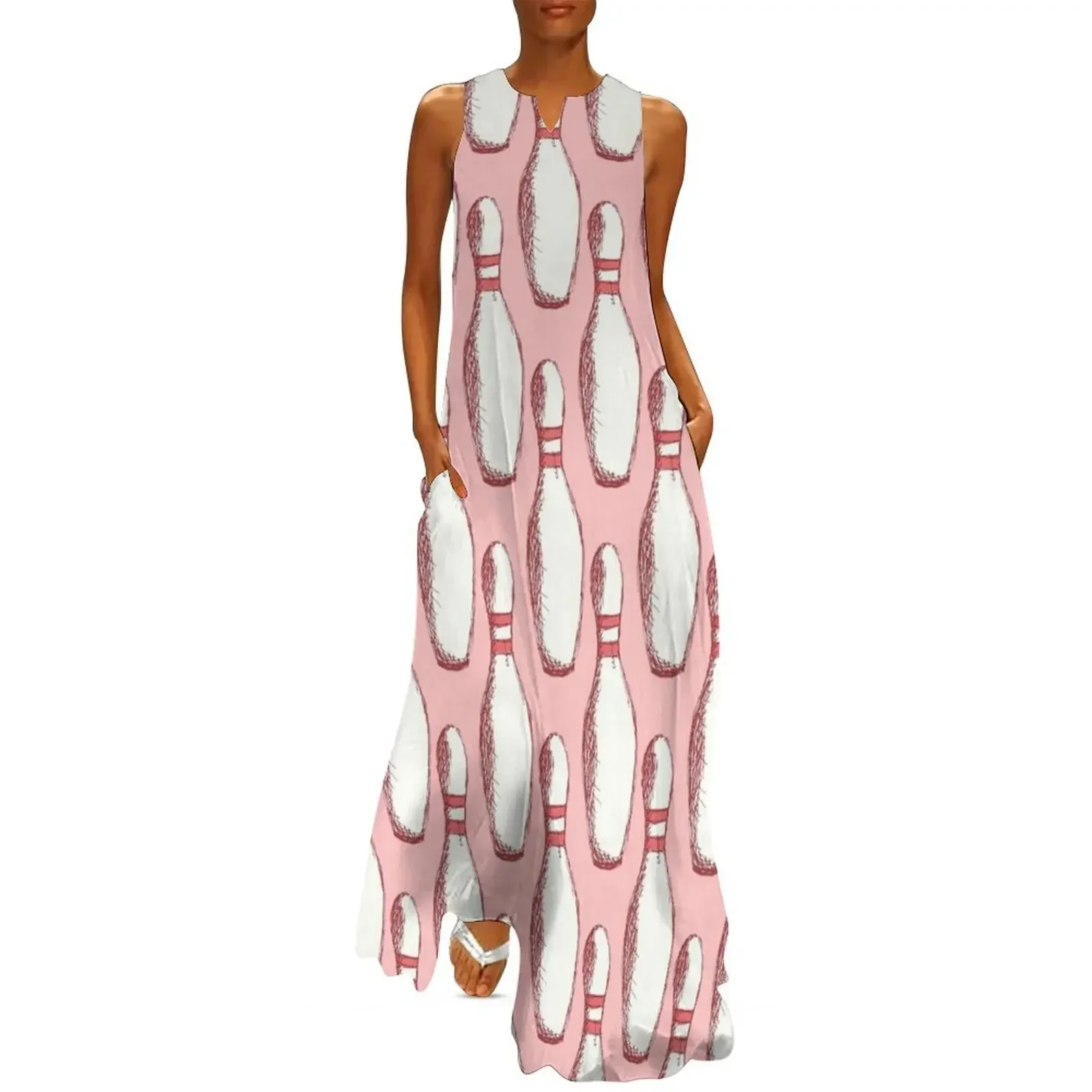 

Retro Bowling Pin On Pink Long Dress Women long dress Women's summer dress Evening dresses
