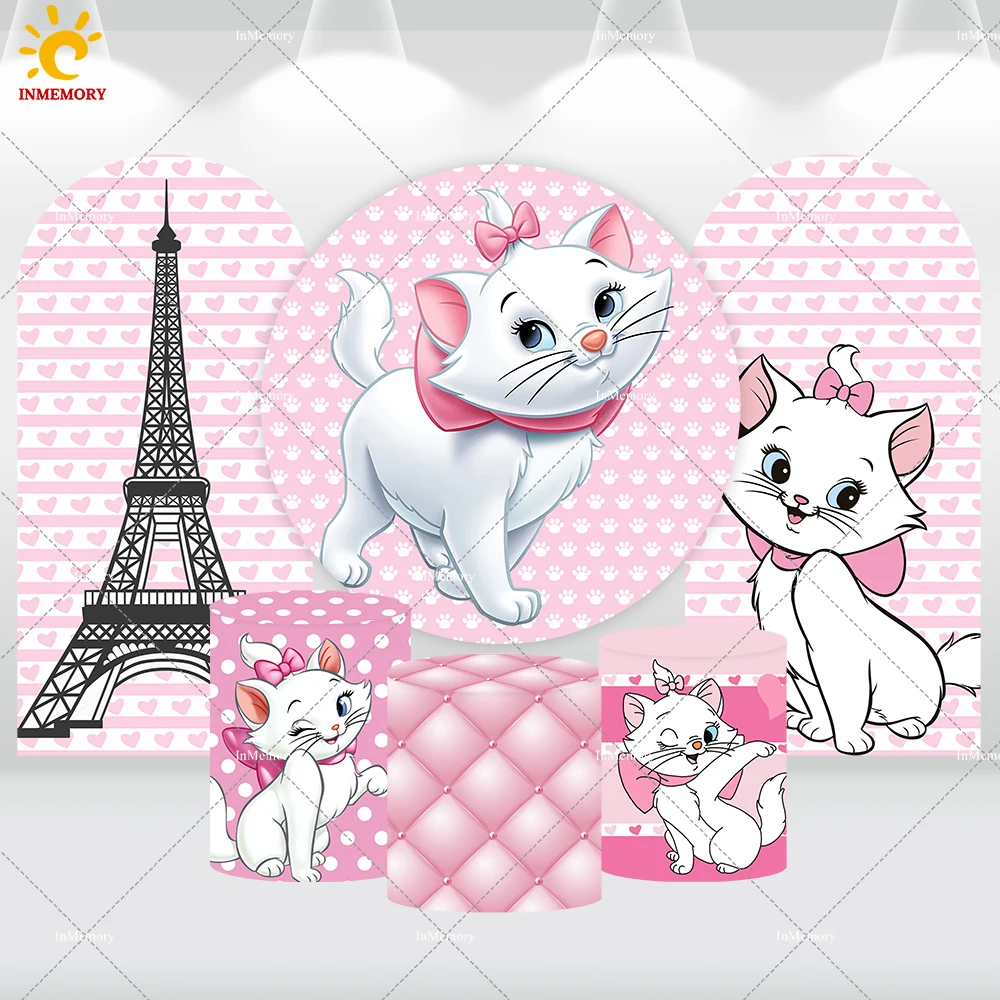 

Disney Marie Aristocats Arch Backdrop Cover for Girl Birthday Decoration Pink Cat Round Circle Background Cake Table Banner