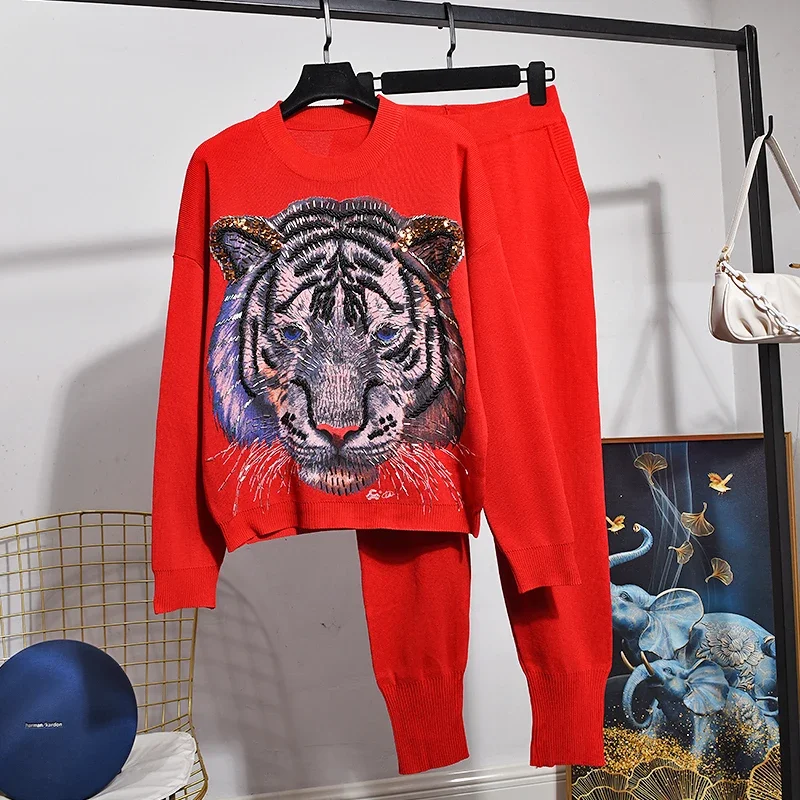 ブラックグレーカジュアルニットトラックスーツ outfits ビーズスパンコールタイガープリント Oネックプルオーバーニットウェアペンシルパンツセット スポーツスーツ 女性用