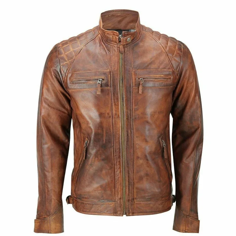 

Men Biker Vintage Motorcycle Classic Diamond Brown Distressed Leather Jacket Wax