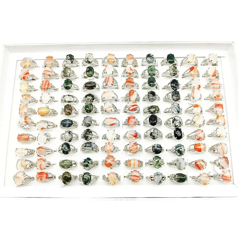 20pcs/Lot Factory In Stock Mix Size Luxury Beauty Natural Green Stone Finger Rings New Silver Color Hollow Women Jewelry Girl