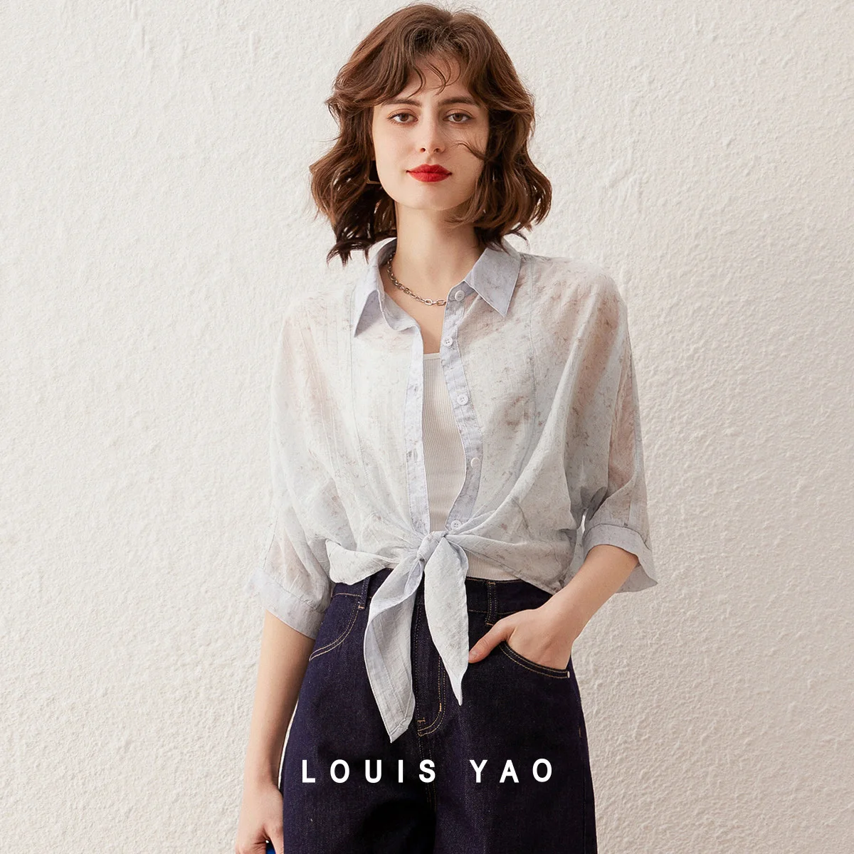 

LOUIS YAO Printed Shirt 2025 Summer Casual Loose Sunshade Air Conditioning Shirt with Sleeves Women's Shirt with Lace Design
