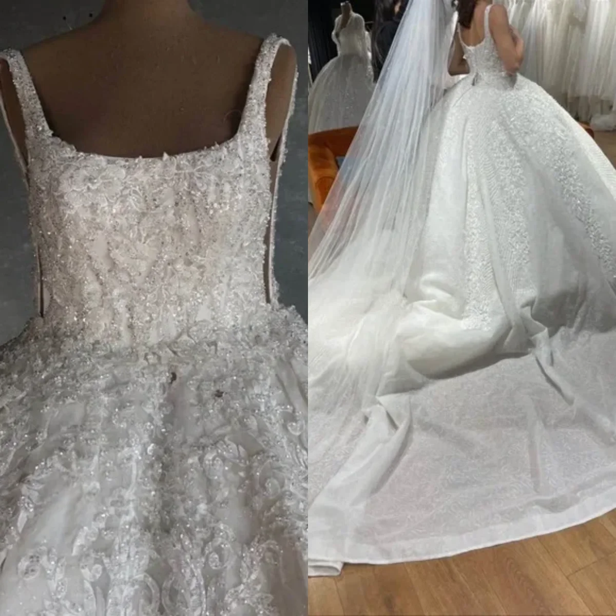 

Свадебное платье на заказ: белое, с квадратным вырезом, широкими бретелями, атласными жемчужными аппликациями, пайетками и пышной юбкой