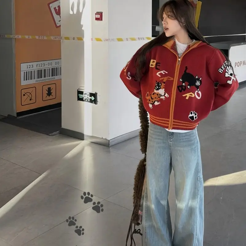 

American College Style Cartoon Cardigan Sweater Women Autumn Winter Fun Age-Reducing Puppy Sweater Hooded Jacket Top