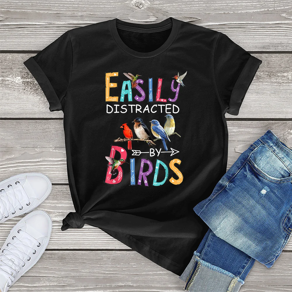 Cotton Kawaii Bird Print T Shirt Smmer Top Women 2023 Easily Distracted By Birds Graphic Oversized T Shirt Femme Cute Streetwear