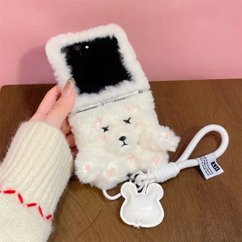 Luxury Cartoon Bear Love Heart Furry Plush Phone Case for Samsung Galaxy Z Fold 8 Ultra 7 6 5 4 3 With Bracelet Shockproof Cover