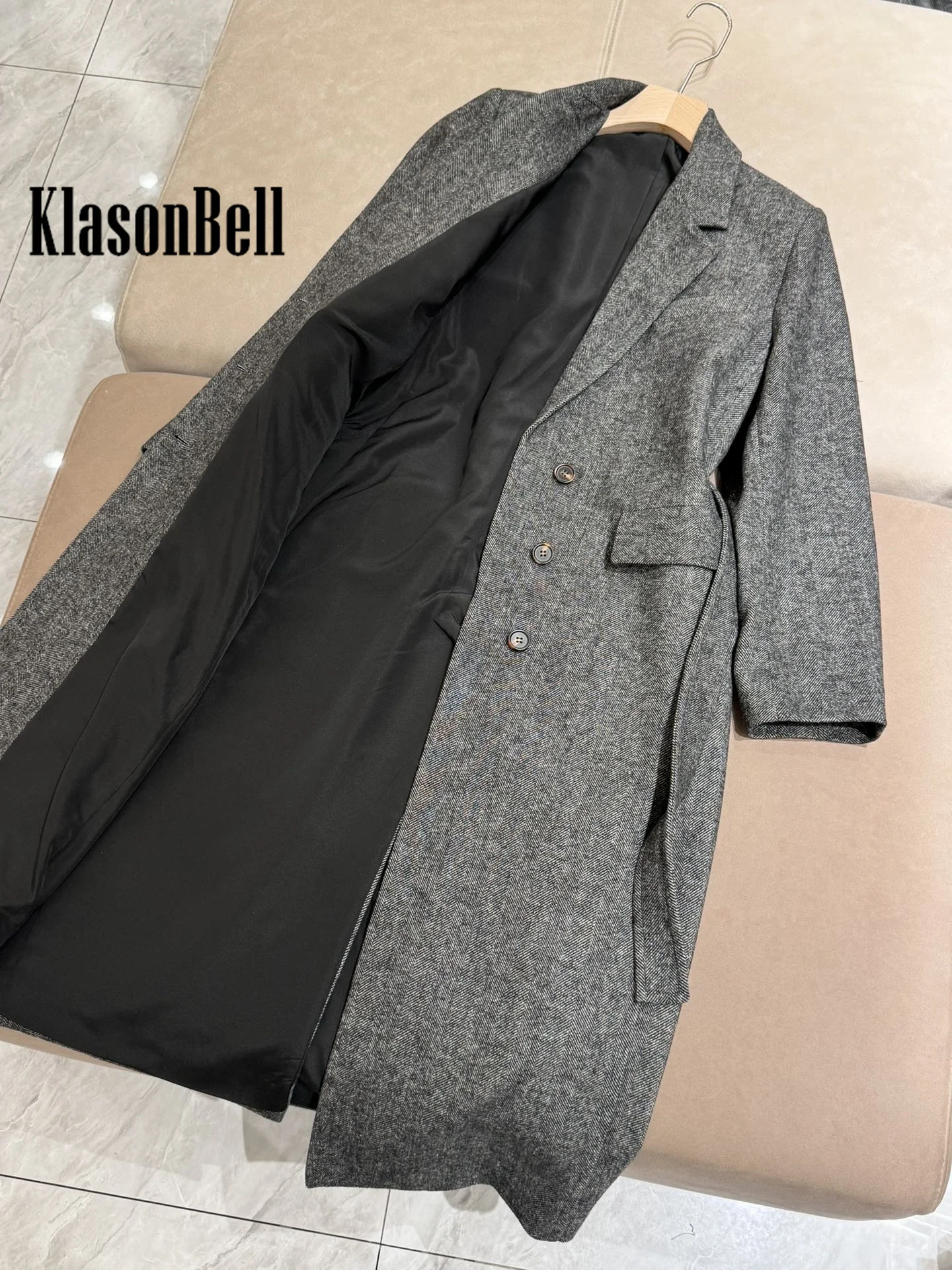 9.24 KlasonBell Women\'s Autumn Winter New Bead Chain Herringbone Wool Long Coat Hidden Breasted With Belt Back Split Outerwear