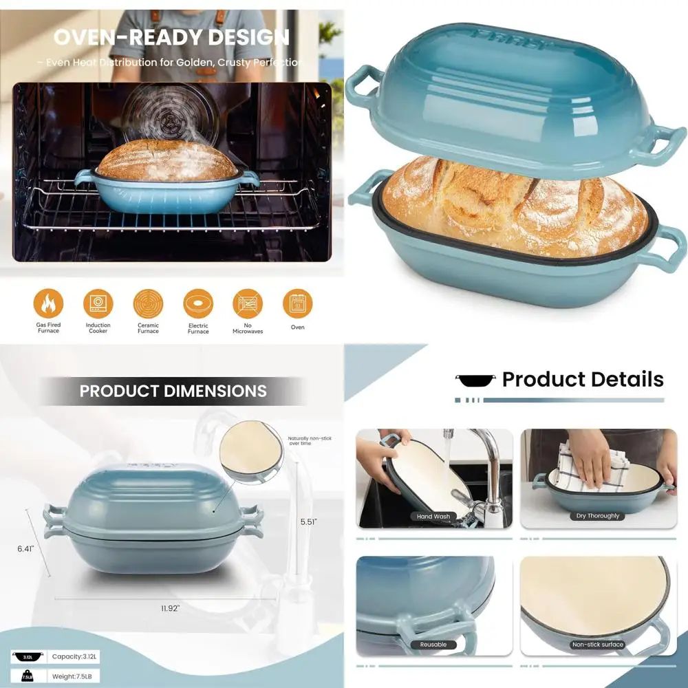 

9 x 5.8 Enamel-Coated Oval Dutch Oven with Lid, Perfect for Homemade Sourdough Bread and Meatloaf, 2.8QT Oven-Safe Pan