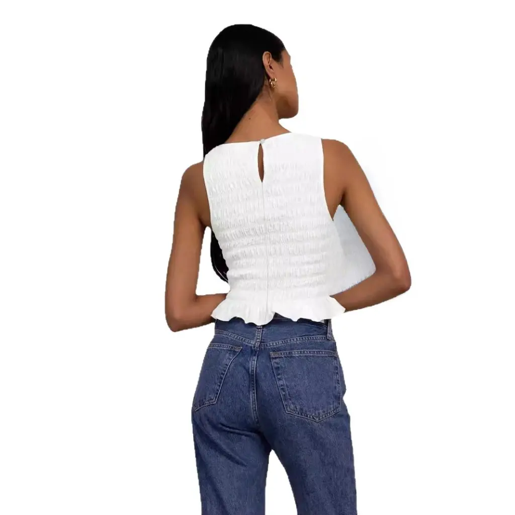 

Spring Women's Pleated High Elastic Ruffled Slim Fit Top European American Style Independent Station E-Commerce Wear