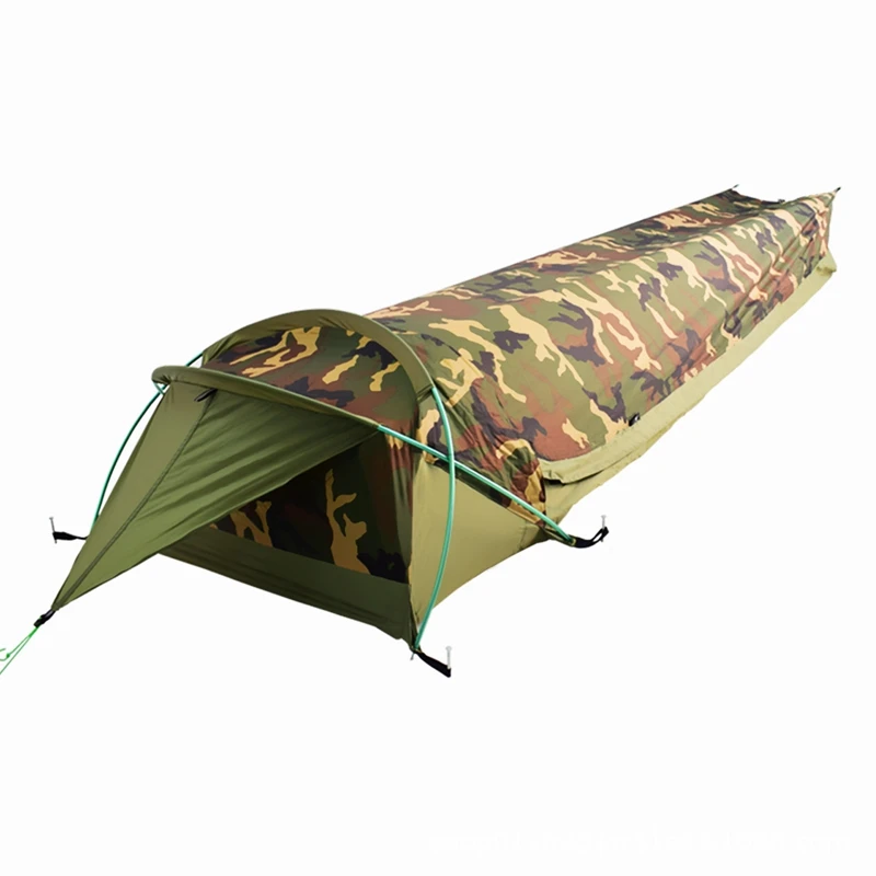 Imagem -06 - Única Pessoa Camuflagem Túnel Tenda Acampamento ao ar Livre Portátil Leve Impermeável Nylon Tecido Pólo de Alumínio Zíper Duplo