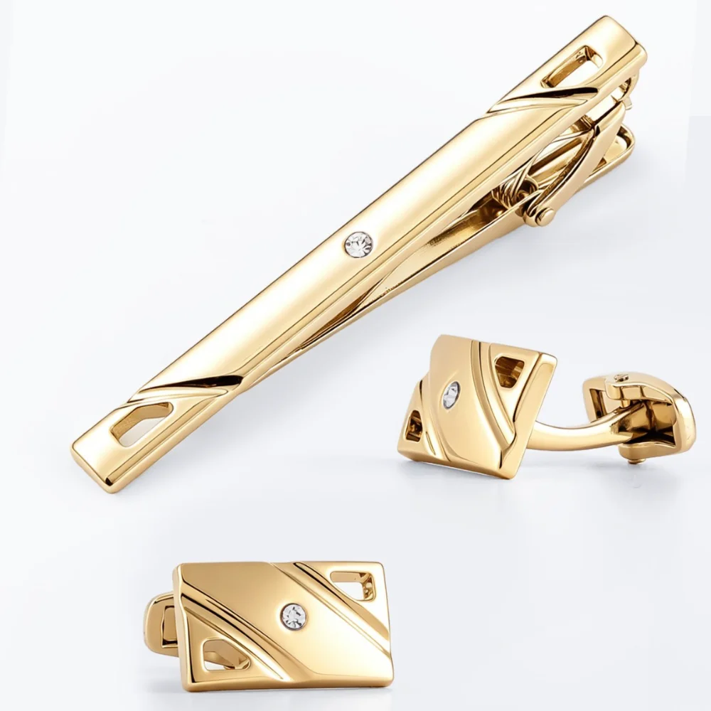 Men's Business Gold Tie Clip Cufflink Set French Style Shirt Sleeve Studs, Formal Suit, Diamond Studded Tie Buckle Decoration