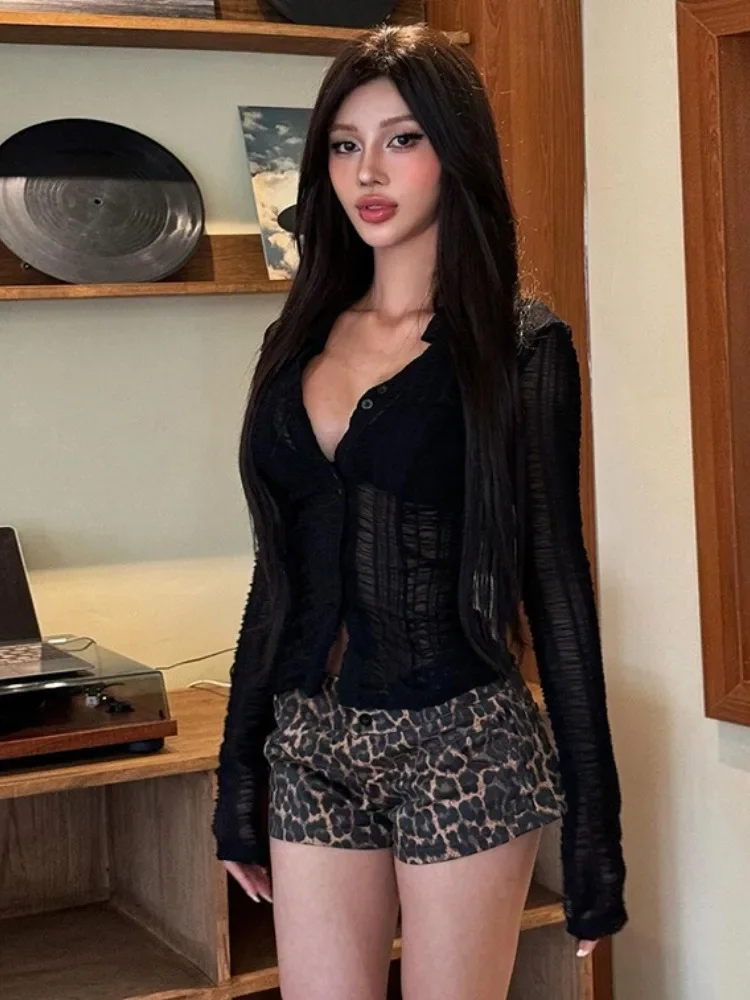 

Streetwear Vintage Sexy Solid Blouse Single Breasted See Through Crop Tops Women Y2k Aesthetics Slim Fit Pleated Blusas