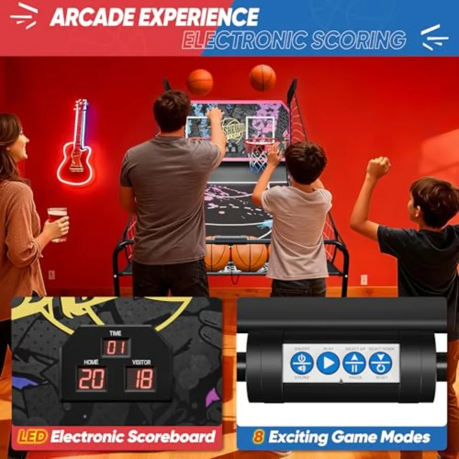 Indoor foldable 2-player electronic basketball arcade game with dual LED scoreboard, black and red plastic, 81.1in height, 8 ga - view 5