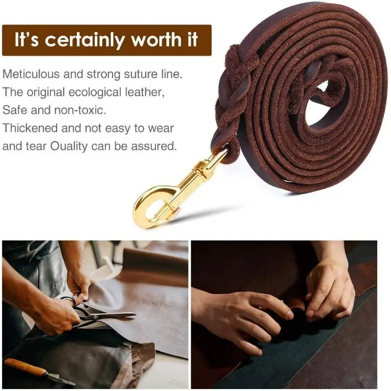 2m Genuine Leather Dog Leash Long Leashes Braided Pet Walking Training Leads Brown Color Medium Large Pet Dog Training Leash