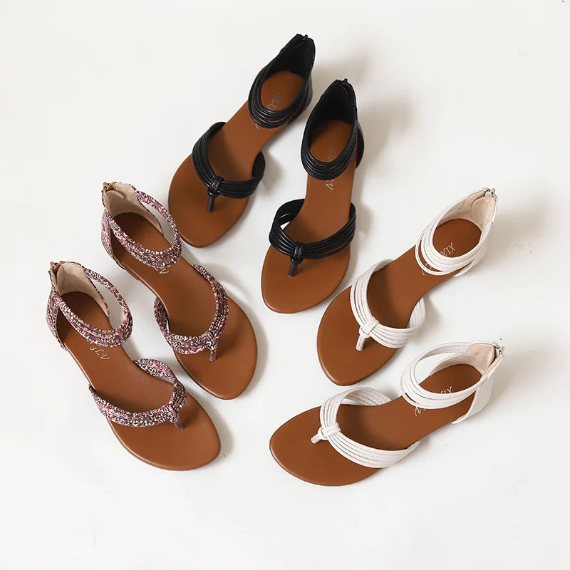 Low Sandals Woman Leather Summer Mid-Calf Strap All-Match Suit Female Beige Women’s Shoes Large Size Low-heeled Gladiator