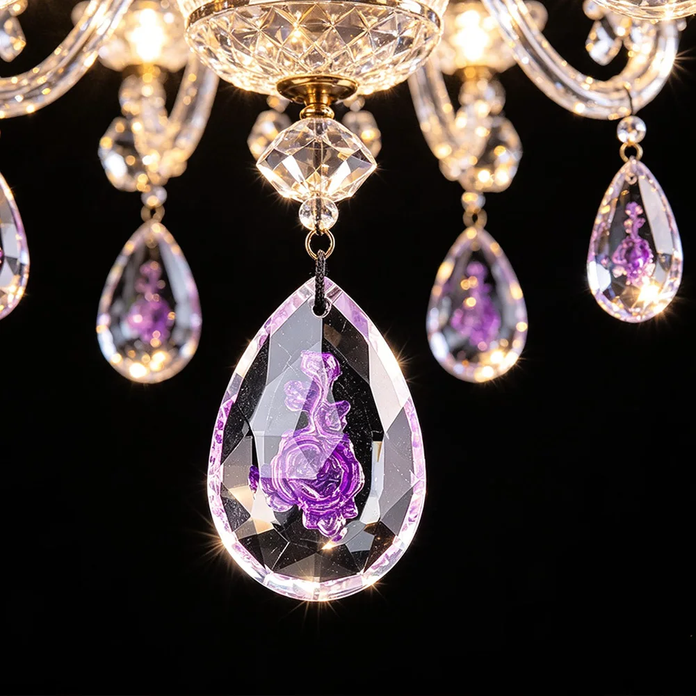 Exquisite Teardrop Crystal Pendant with Embossed Purple Rose Pattern Design Transparent Prism Glass DIY Necklace Fashion Jewelry