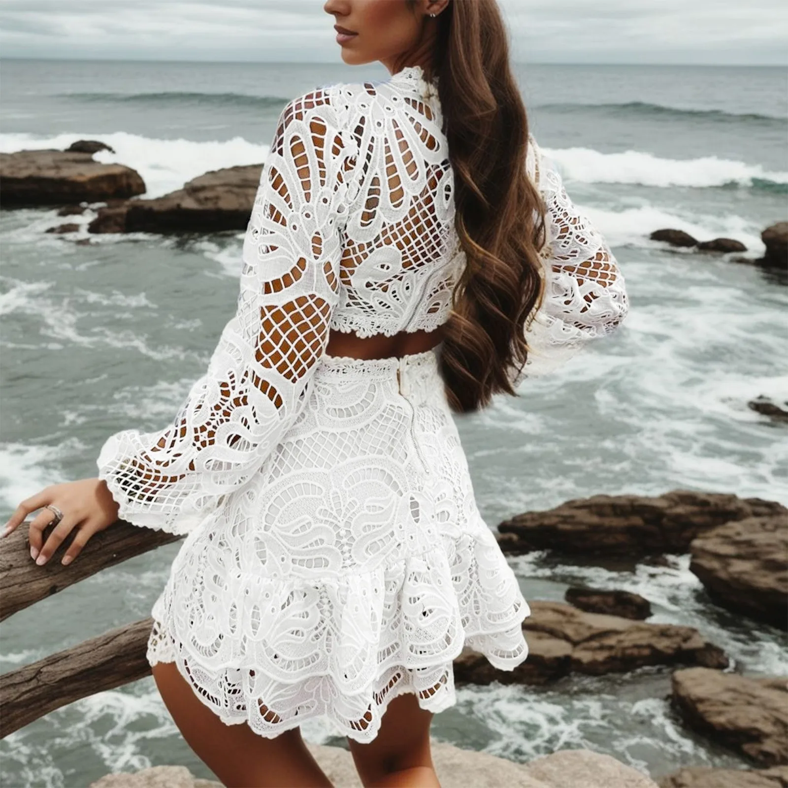 Lace Embroidery Hollow Out Women Suit Elegant V-neck Puff Sleeve Crop Top Ruffles Mini Skirt 2 Piece Sets Summer Ladies Outfit