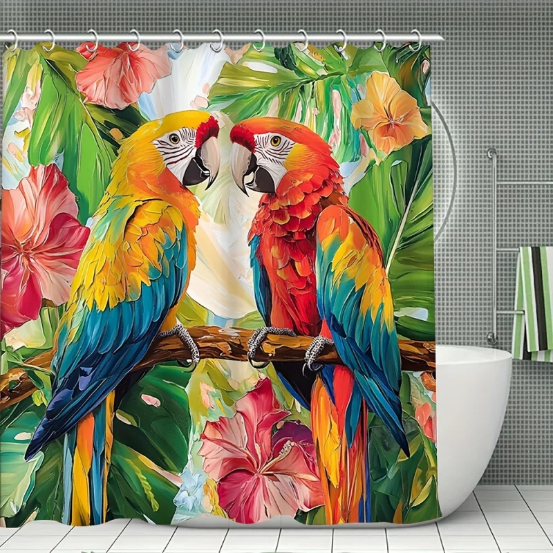 Parrot Print Bathroom Set: Includes 1/4 Pcs Shower Curtain, Non-Slip Mat, Toilet Seat Cover, Bath Rug, And 12 Free Hooks -