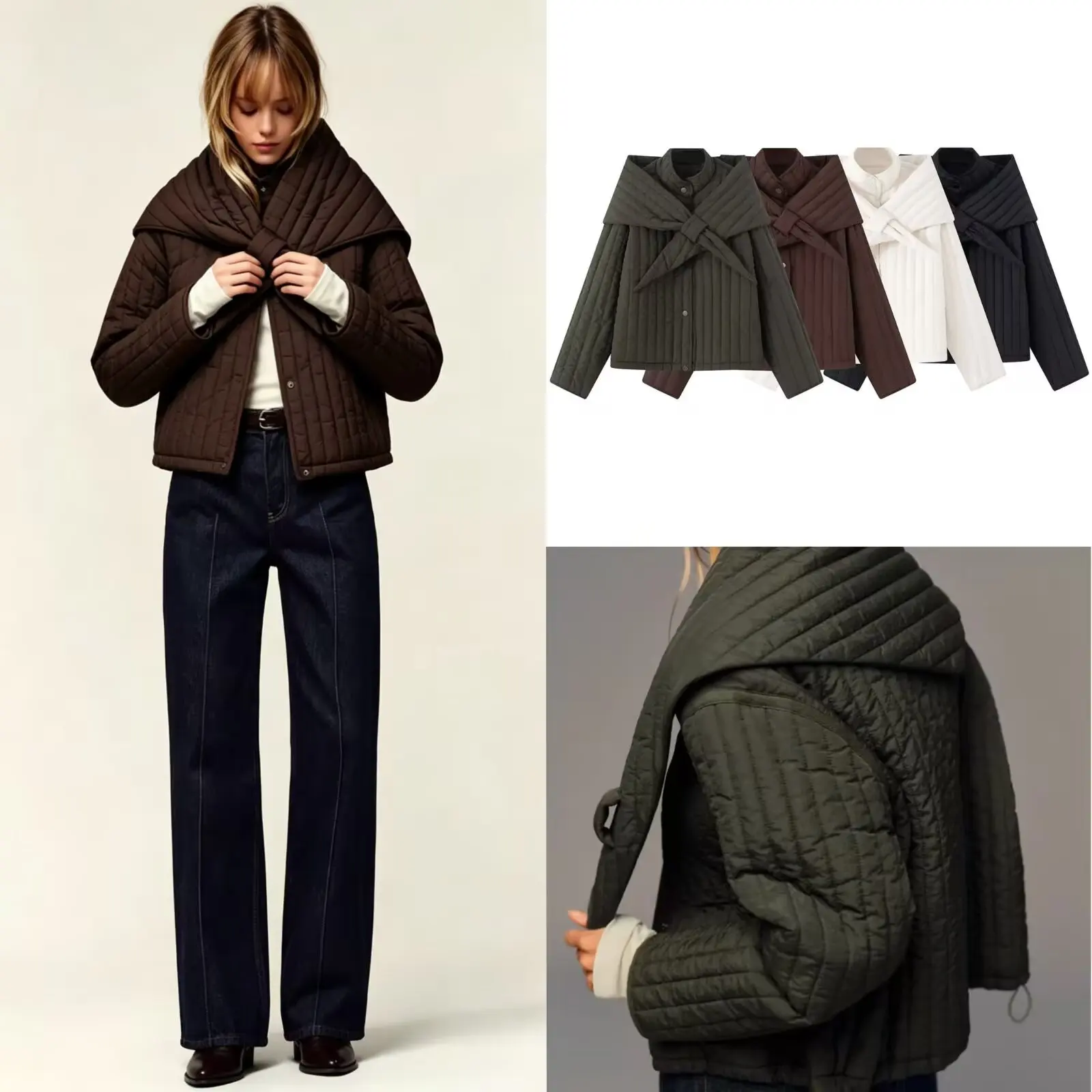 Fashionable Early Autumn New Arrival Women's Cotton Jacket with Detachable Scarf Stand Collar Easy Cleaning Short Pure Color