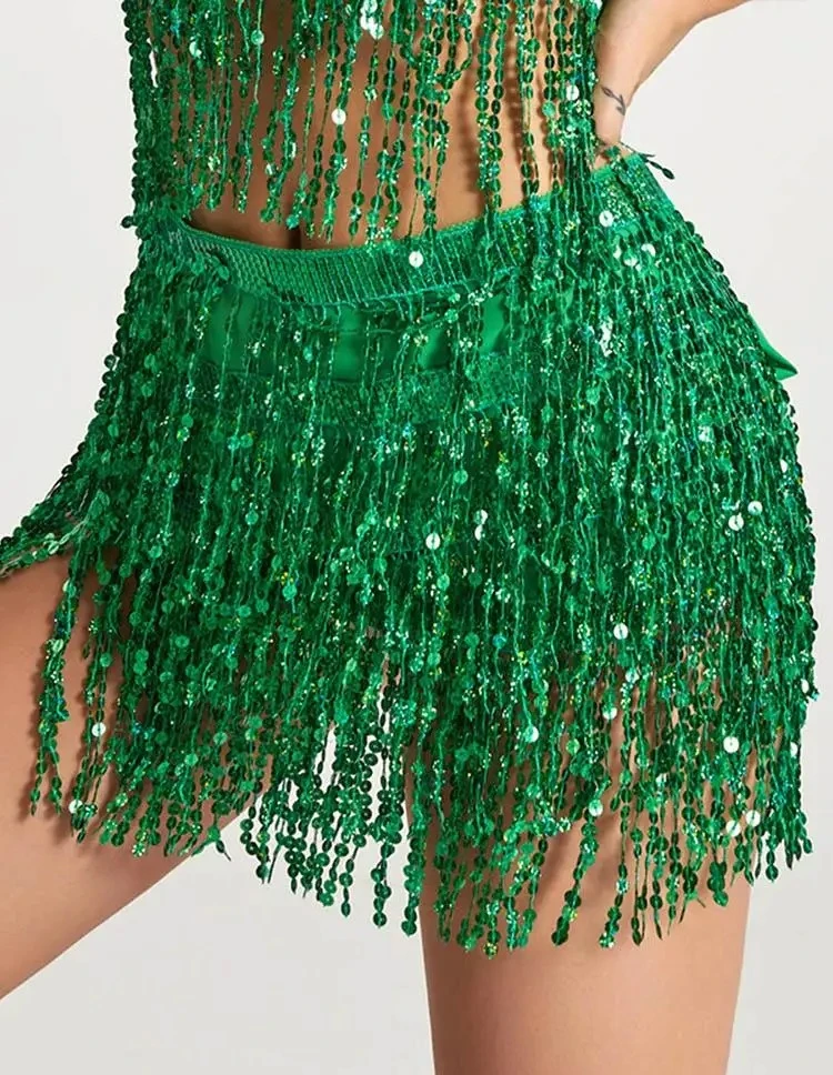 Damen Pailletten-Quasten-Bauchtanzrock Glänzende Perlen Taillenkette Saumrock Bohemian Taillenrock Gürtel – Detail 1