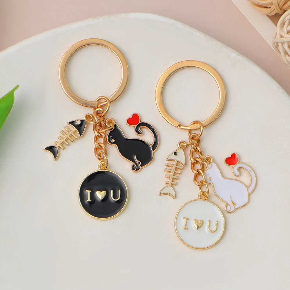 Cute Fishbone Heart Cat Keyring Enamel Metal Letter Tag Pendant Keyring For Women Bag Ornament Car Trinket Accessories Gift