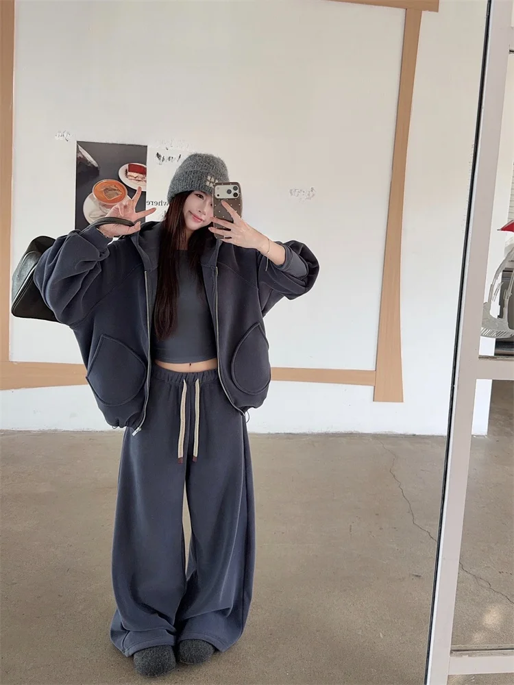 

Комплект для полных женщин на осень-зиму: модный кардиган с капюшоном, свободные брюки с широкими штанинами, базовый комплект из двух предметов