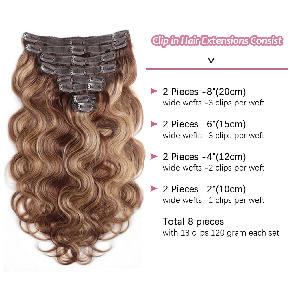 P4/27 Highlight Clip In Hair Extensions Body Wave Soft Brazilian Real Human Hair 120G 8Pcs Ombre Blonde Clip Ins Hair Extensions