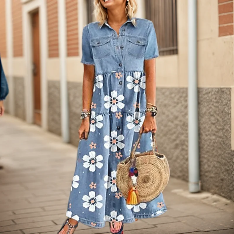 Elegant Denim Floral Print Long Dress For Women Turn-down Collar Button Shirt Dress Short Sleeve A-Line Party Dresses Vestidos