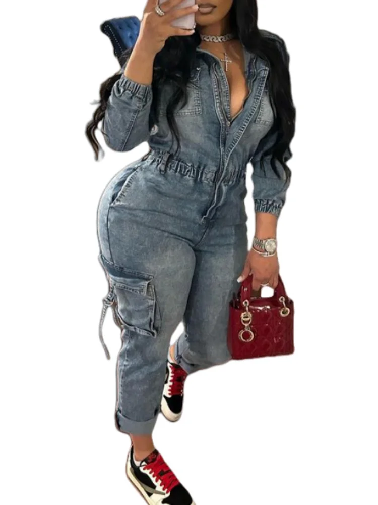 Benuynffy Y2k Multi Pocket Cargo Denim Jumpsuits Women's Autumn New Streetwear Long Sleeve Fashion High Elastic Jean Overalls