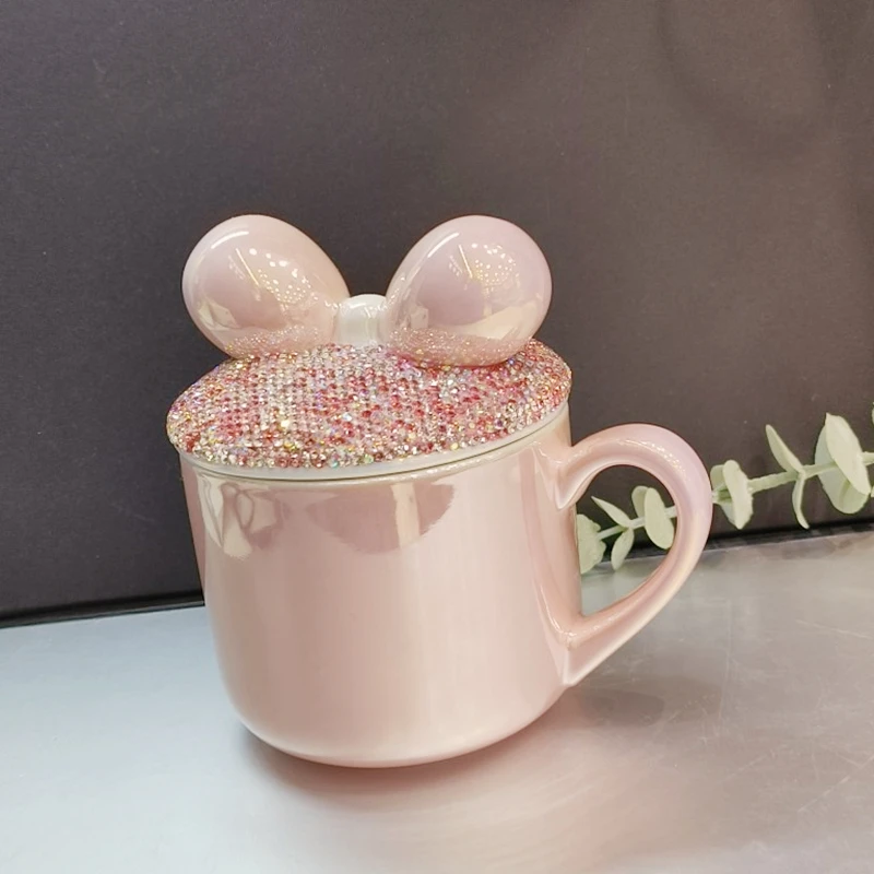 Bow Handle Mug with Lid Electroplated Pearl Glaze Ceramic Heart Office Afternoon Teacup Drinkware for Girl Student Gift