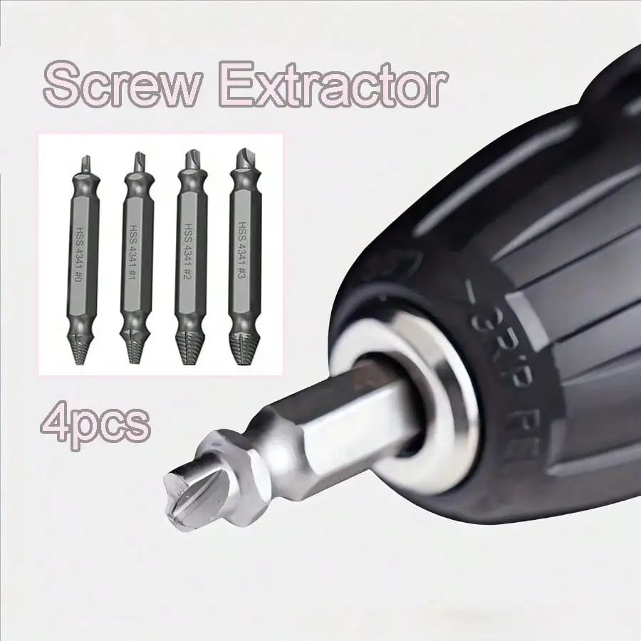 4341 High Speed Steel Double Head Screw Extractor Set, 4Pcs Silver Broken Stripped Damaged Bolt Remover Tool