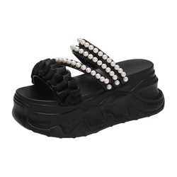 Summer 2023 Chunky Sandals Women's Thick Bottom Wedge Heels Slides 8CM High Heels Platform Leather Casual Beach Flip Flops Woman