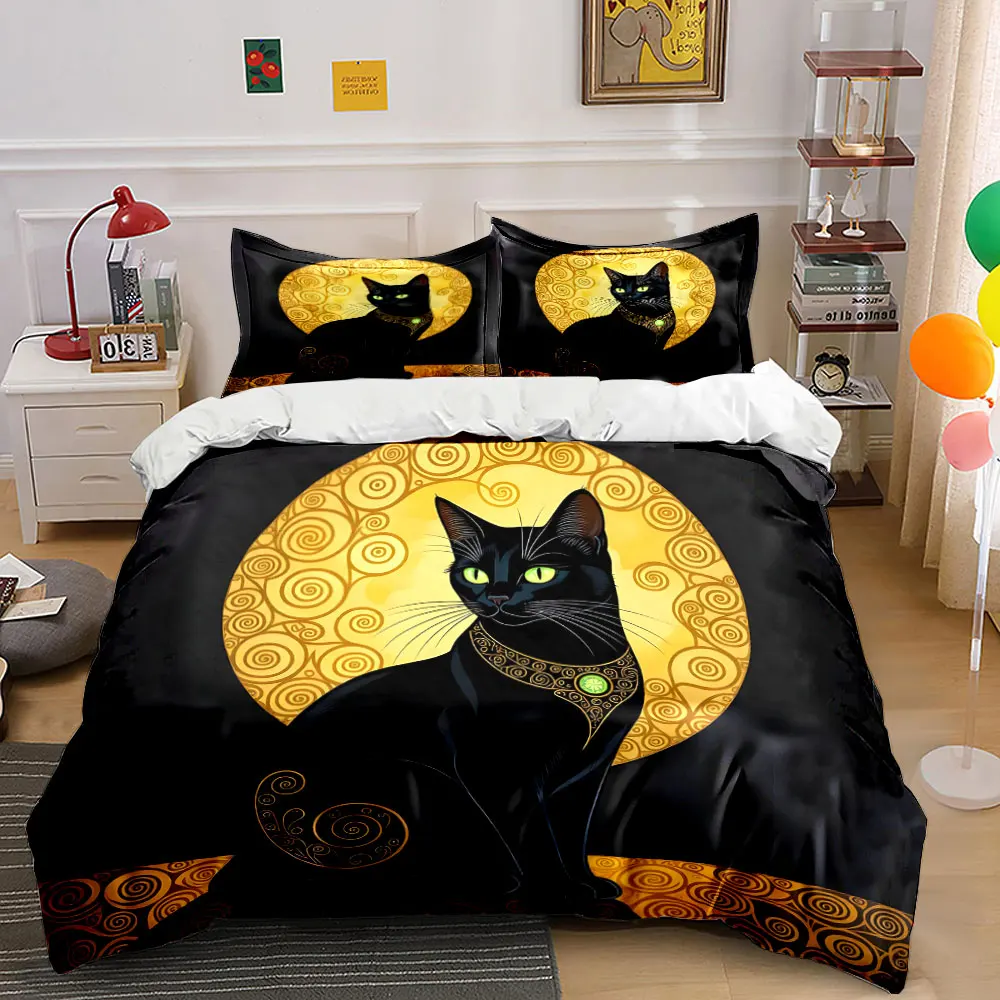 Black Cat with Golden Artistic Background Print Soft Comfortable Duvet Cover Bedding Set Included 1*Duvet Cover 2*Pillowcases