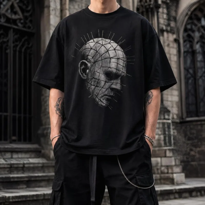 Needle Pattern T-shirt, Ghost Chasing Horror Movie Men's T-shirt, Summer New Retro Genjuku Style Unisex T-shirt
