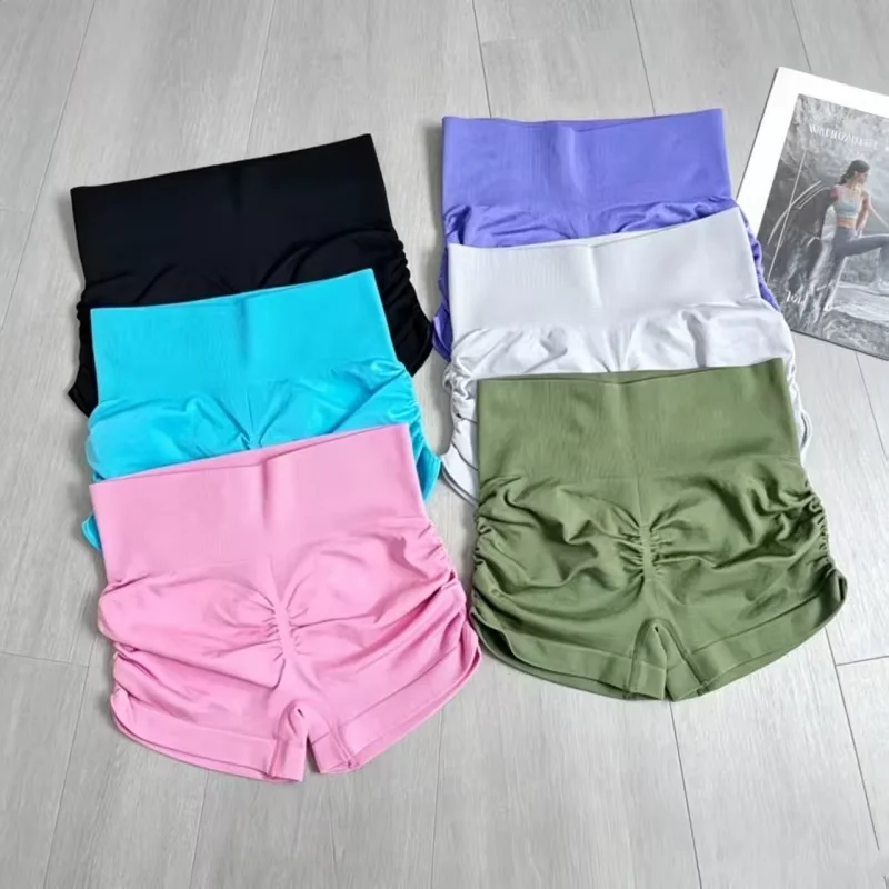 Sommerliche High-Waist-Yoga-Shorts für Damen, 3 Zoll, Po-Lifting, nahtlos, schmal geschnitten, rollt nicht herunter, Pilates-Fitness-Workout-Shorts – Detail 4