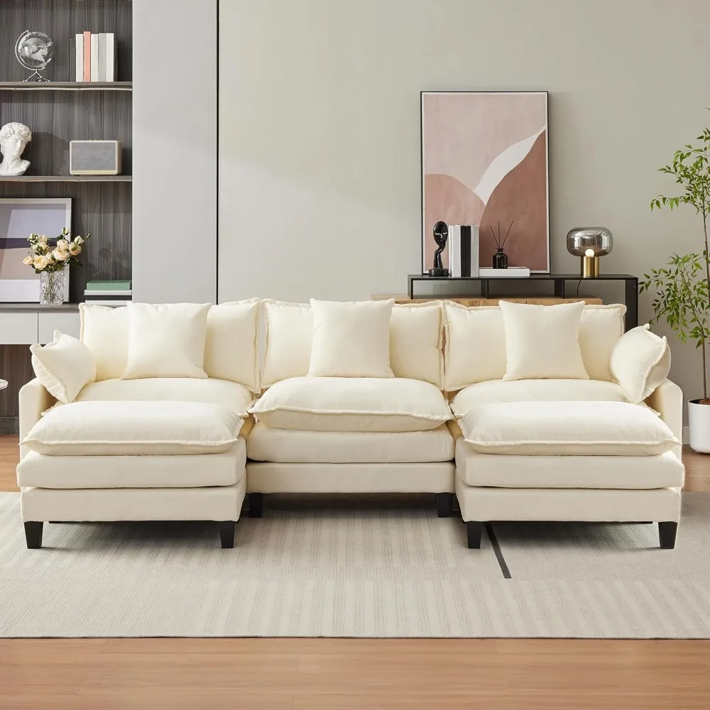 112'' U-Shaped Modular Sectional Sofa, Comfy 3 Seater Couch with 2 Ottoman & Throw Pillows