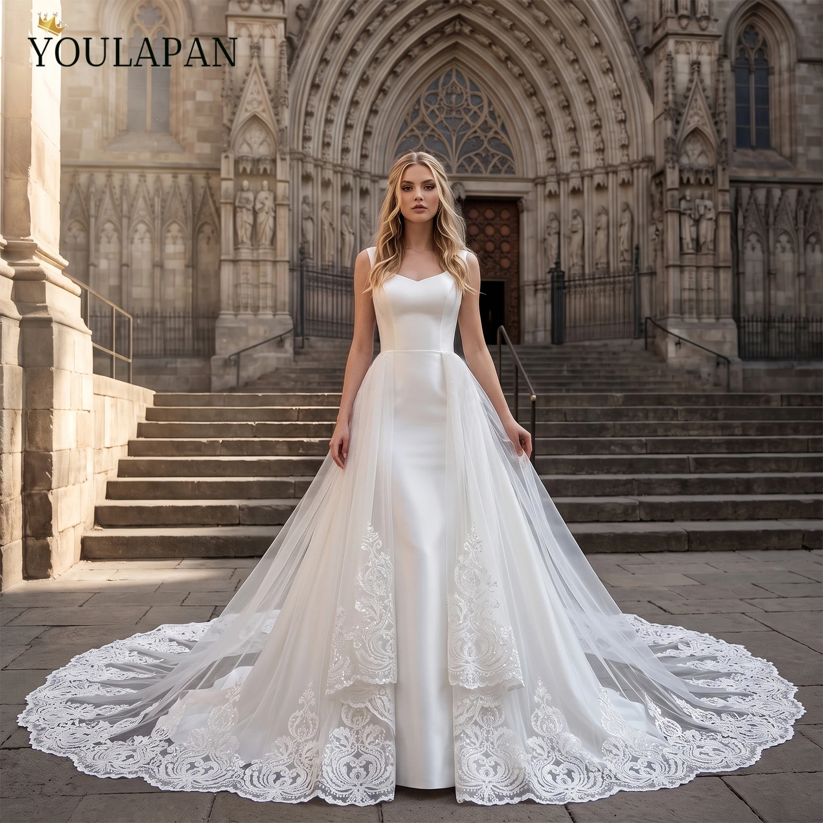 TOPQUEEN Lace Appliqué Detachable Wedding Train Tulle Bridal Overskirt Falda Desmontable De Novia For Wedding Photoshoot VB54