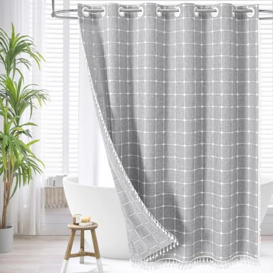 

No Hooks Needed Boho Farmhouse Shower Curtain with Snap-in Liner, Cotton Linen Fabric Shower Curtains with Tassels for Rustic N