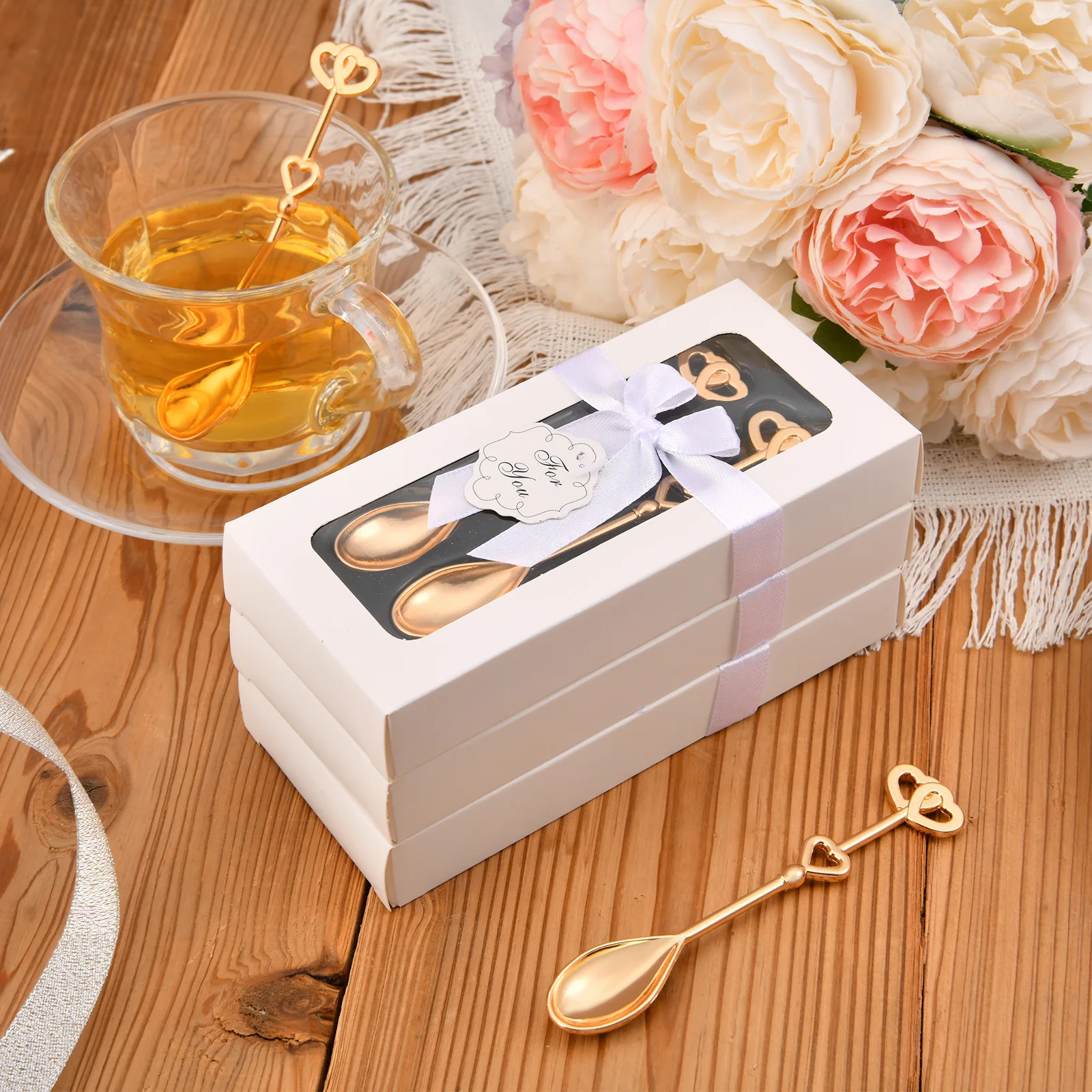 (50Pcs/lot=25Sets) Event and Party Decoration gift of Double Hearts Coffee Spoons gift for Gold Love Bridal Wedding favors