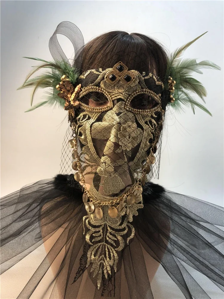 

Mask Full Face Adult Custom Lace Gold Thread Embroidery Hollow Exquisite Long Veil Suitable for Stage Singing Performance Props