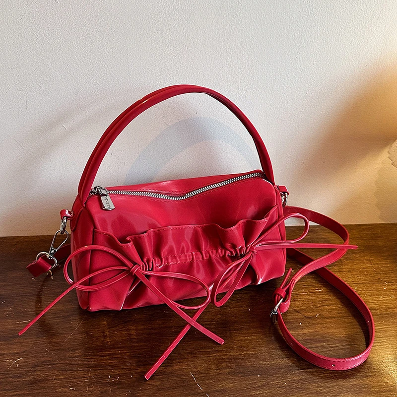 Schicke Umhängetasche mit Schleife und plissiertem Kordelzug, zylindrische Handtasche, Damen-Kissentasche mit abnehmbarem Riemen, Reißverschluss oben – Detail 17